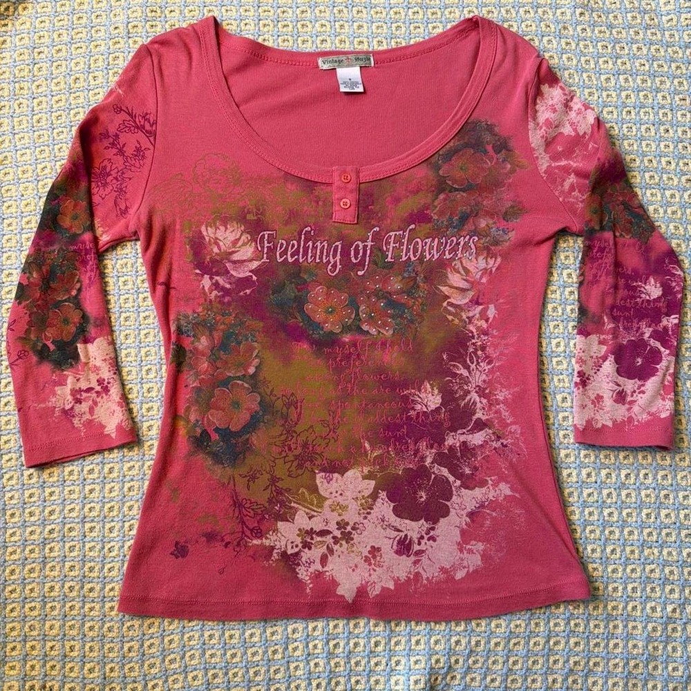 Vintage Suzie Pink Floral Sequin 3/4 Sleeve Cotton Tee Small Fairycore Y2K